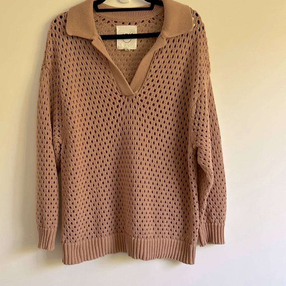 Aerie Cotton Knit Tan V-Neck Polo Sweater with Relaxed Fit Size Small - Picture 2 of 8